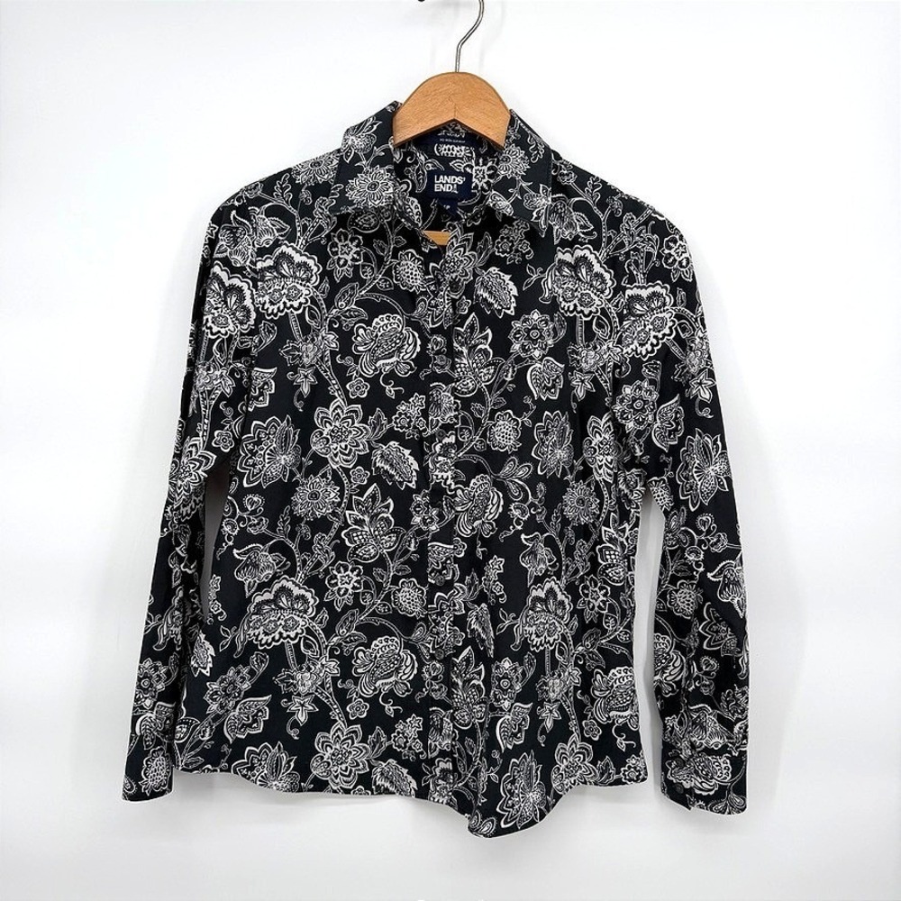 Lands End Button Down Shirt Black White Floral Paisley Supima Cotton Petite 4P